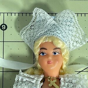 Celluloid Doll 9" French Ethnic  Vintage Chartreuse Dress Blue Apron White Lace
